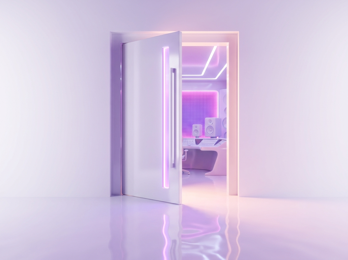 Puerta entreabierta al estudio de Setsuna, con luz lila y rosa saliendo